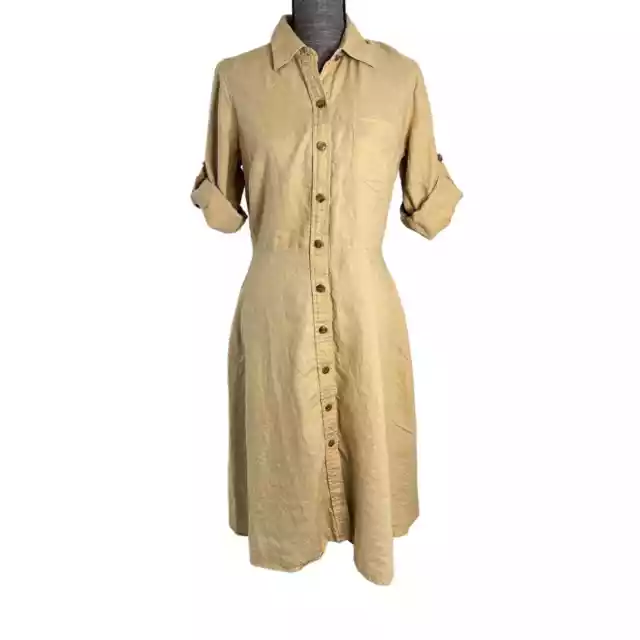 Vtg Jones New York Shirt Dress Womens Sz 12 Khaki Tan Midi Button Up 100% Linen