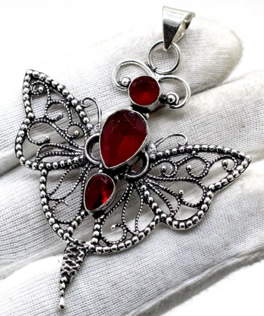 925 Sterling Silver Mozambique Garnet Gemstone Jewelry Butterfly Pendant S-2.10"