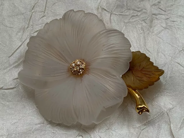 Beautiful Vintage French Brooch - White Flower with rhinestones 5cm