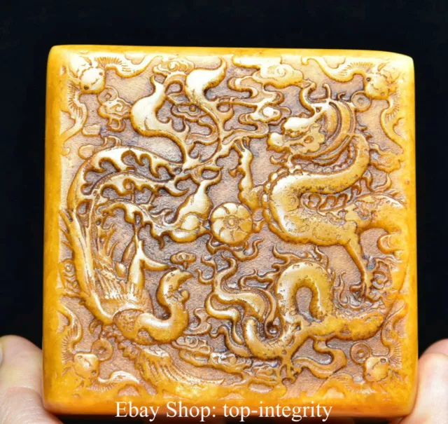 3& OLD CHINA Tianhuang Shoushan Stone Carving Dragon Play Bead Seal ...