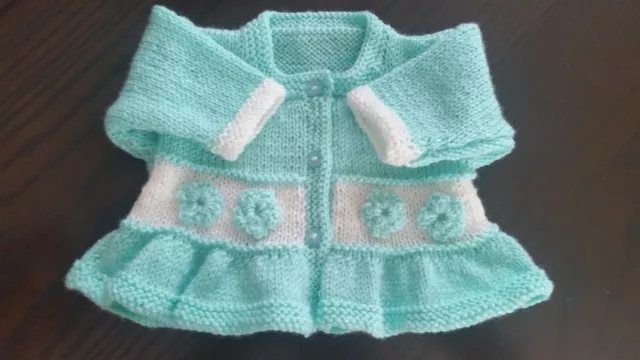 Baby girls hand knitted cardigan 0 - 3 months  Turquoise and  white  trim NEW