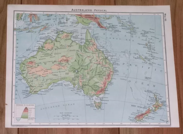 1928 Vintage Physical Map Of Australia And New Zealand / Rev Side South Africa