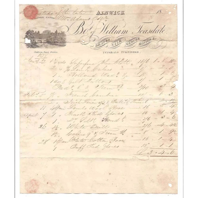1828 Billhead, William Teasdale, Draper, Silk Mercer, Hosier, ALNWICK
