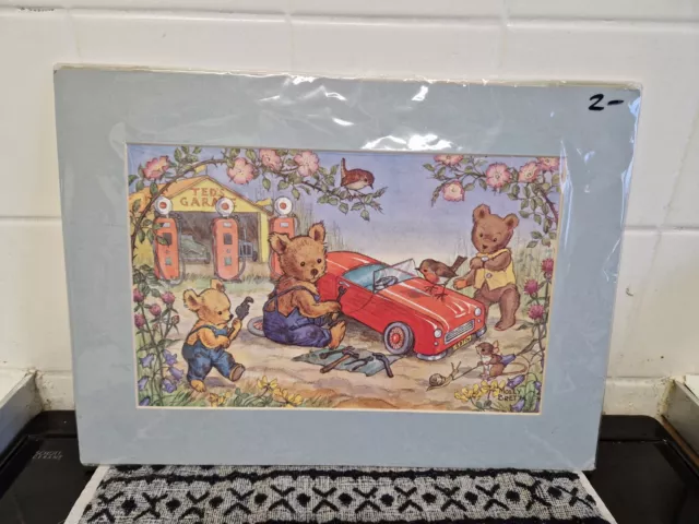 Molly Brett Teddy Bear Garage Childrens Print Vintage Nursery Decor Framed