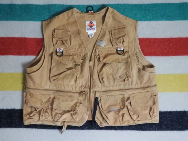 VTG 70s 80s Columbia Brown Tan Heavy Canvas Fishing Photo Zip USA Vest Mens L