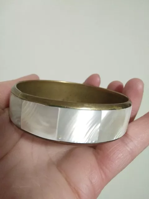 VTG ART DECO Mother Of Pearl Inlay Brass Bangle REALLY LOVELY