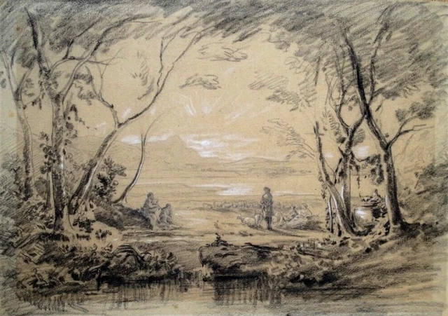 GRANDE SCÈNE PASTORALE - Dessin original ancien - Fusain, craie blanche
