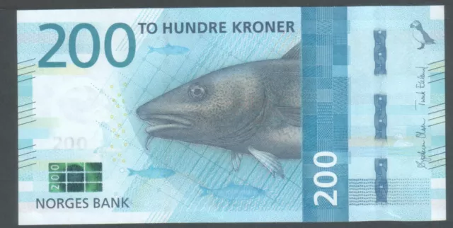 Norway  200 Kroner  2016 P55  Fish   Unc  Banknote