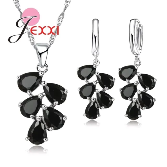 925 Sterling Silver Black Cubic Zirconia Crystal Pendant Necklace Earring Set UK