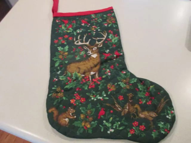 Vintage Quilted Christmas Stocking Deer Squirrel Pheasant Holly 21"