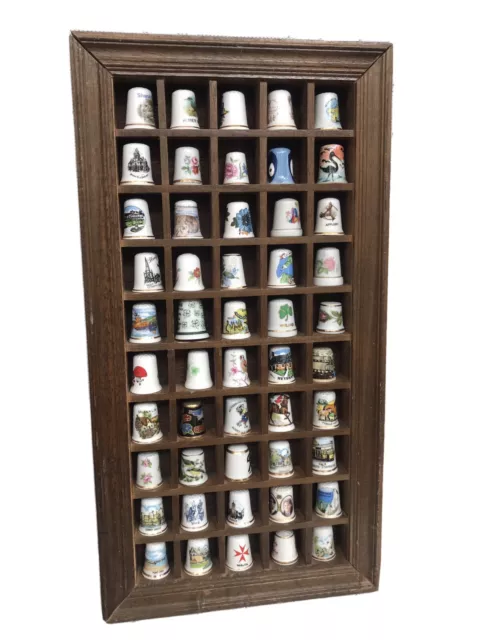 Thimble Display Case With 50 Thimbles Brown Wooden Well Made Unique Lovely