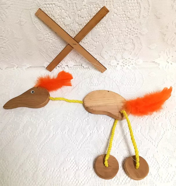VTG HAND CRAFTED WOODEN Road Runner Marionette Strings Puppet ORANGE FEATHERS