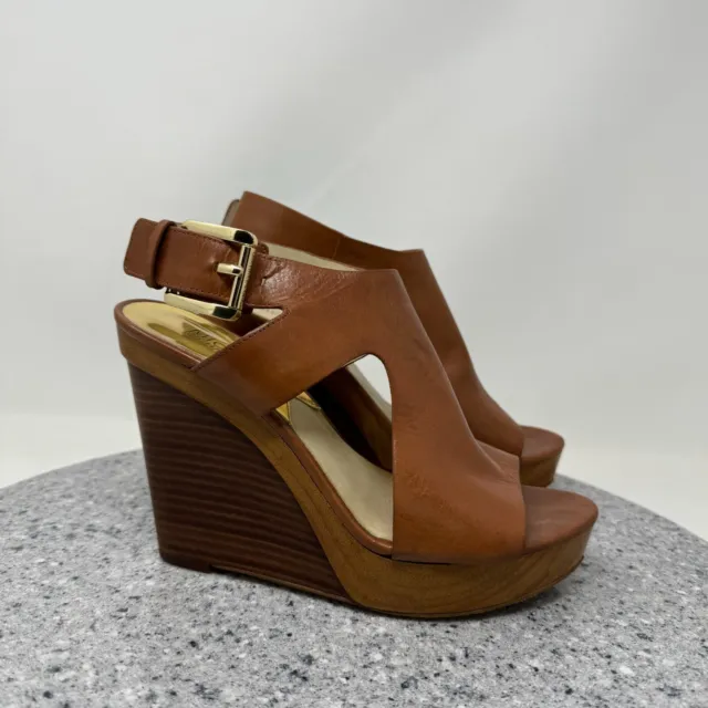 Michael Kors Wedge Sandals Womens 7 Brown Leather Wood Platform Shoes