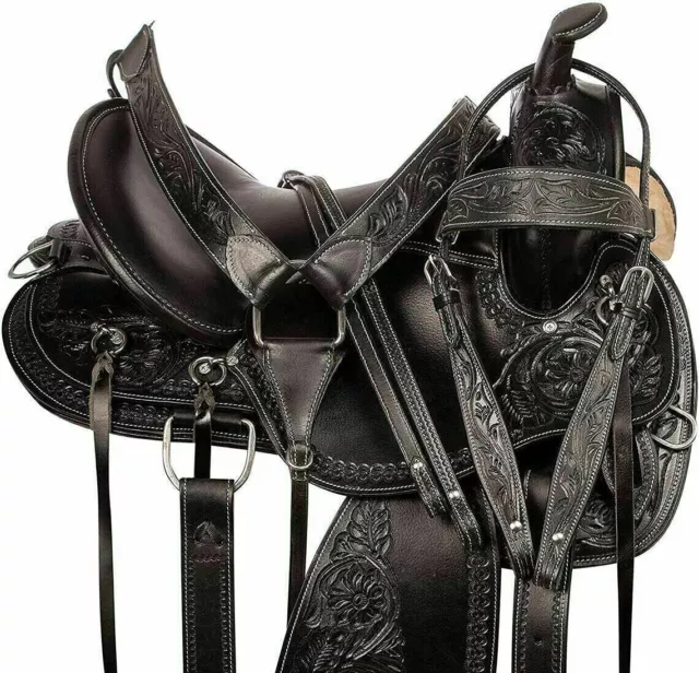 Horse Saddle Western Trail Barrel Show Black Floral Tooled Leather Size 10"-18"