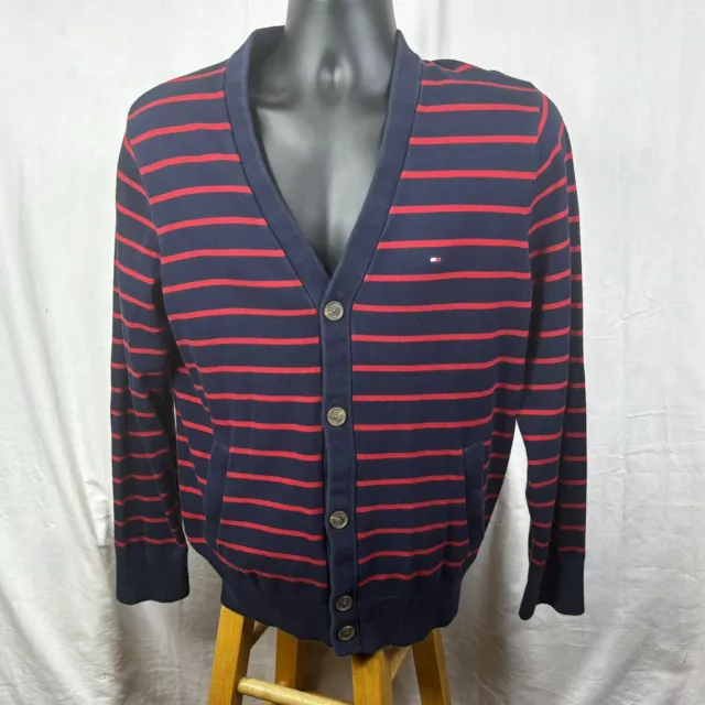 Tommy Hilfiger Cardigan Sweater Mens Large Red Blue Striped V-Neck Button Up