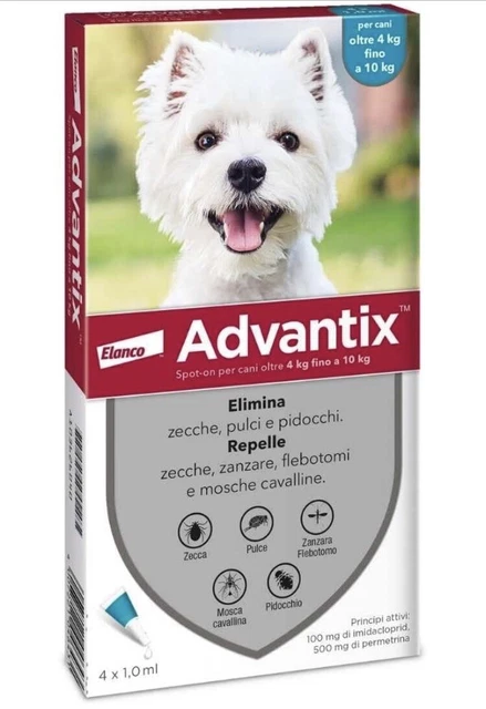 4 Pipette Antiparassitarie da 1 Ml per  Cani da 4 a 10 kg. Elimina Zecche, Pulci