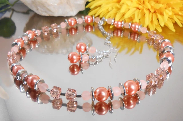 2er SET Design Collier + Ohrhänger Glas Perlen in Apricot Pfirsich + Glas Würfel