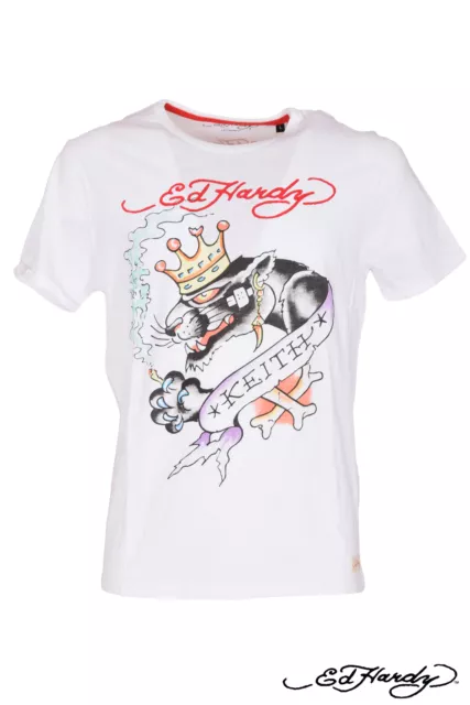 Camiseta Hombre Cuello Redondo Manga Corta Blanca ED HARDY 100% Algodón Tatuaje