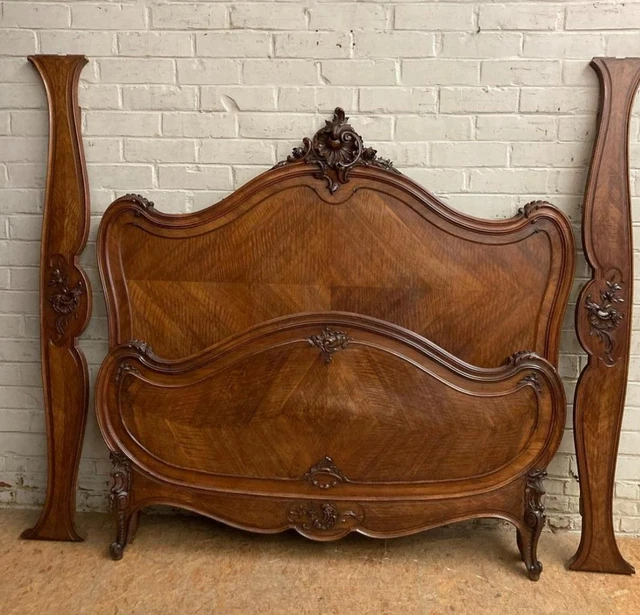 Large (71" wide) Antique French Louis XV Style Bombe Bed in Walnut