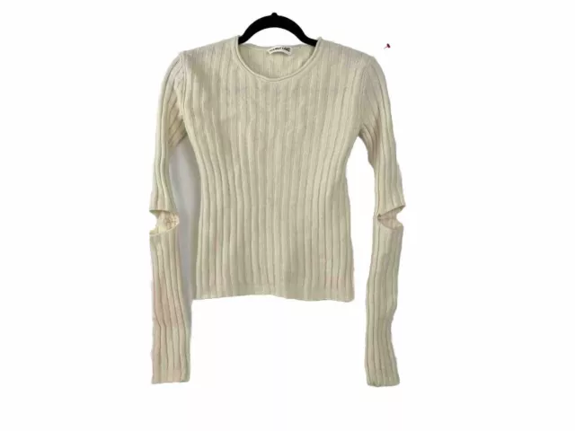 Helmut Lang Lambswool Sweater Womens Long Sleeve Open Elbow Cream Ribbed Knit