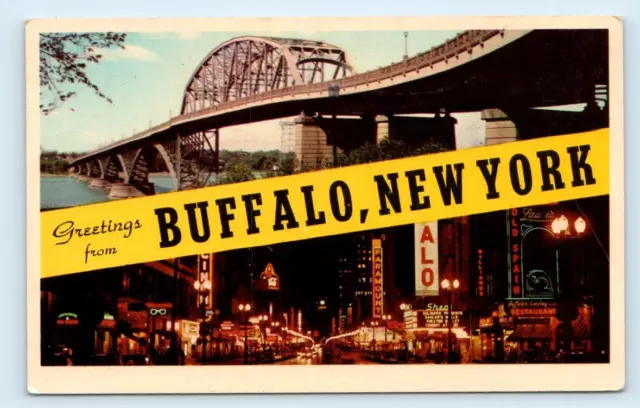 BUFFALO, NY New York ~ Night Neon STREET SCENE & BRIDGE 1970 Banner Postcard