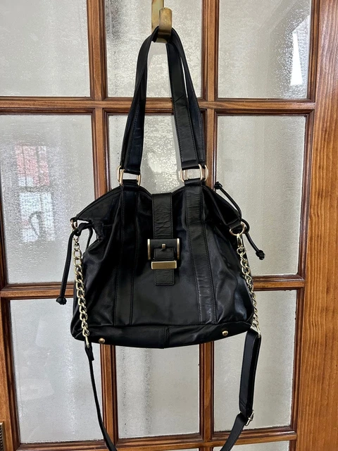 EUC Simply Nina by Nina Raye Genuine Lambskin Black Bag Satchel Gold Chain Strap