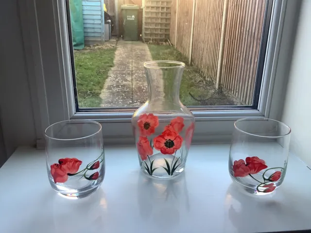 Vintage Hand Painted Poppies Water Jug Carafe & 2 Matching Glasses/Tumblers