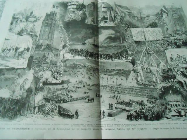 Grande Gravure 1874 - Fêtes de Dunkerque bénédiction pierre bassin par Régnier