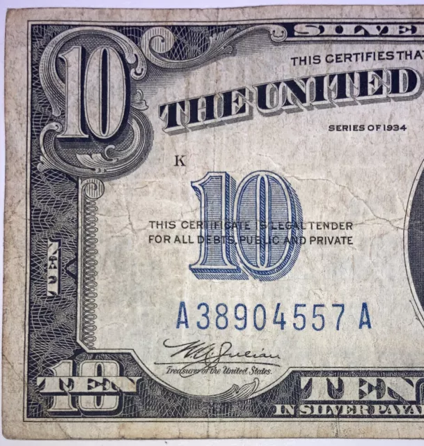 1934 ($10) Ten Dollar Blue Seal Silver Certificate