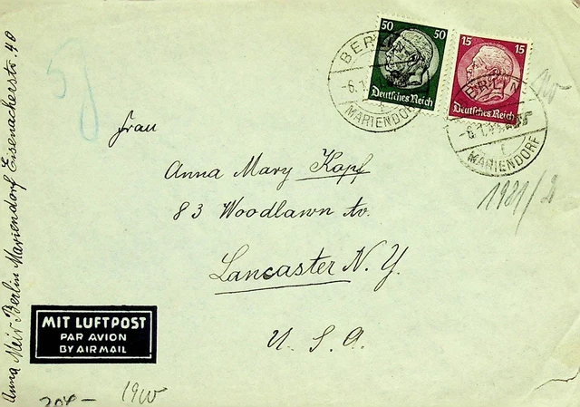 Deutschland Hindenburg 15pf+50pf Auf Zensiert Luftpost Abdeckung Sich USA