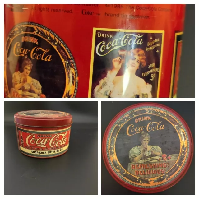 1985 Coca Cola Coke Vintage Round Collector's Tin W/ Lid Delicious Refreshing