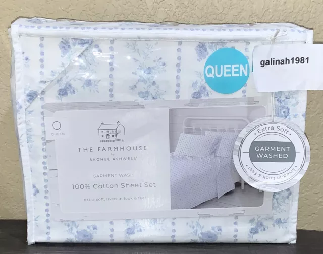 FARMHOUSE Rachel Ashwell Shabby Chic White Blue Floral Cotton Queen Sheet Set