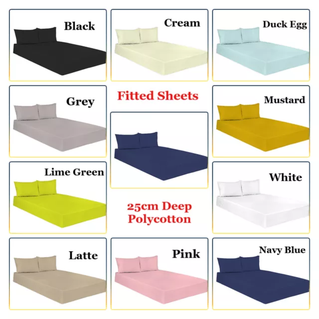 Fitted Sheets 25cm Deep PolyCotton Elastic Corner Fitted Bed Sheets UK Bed Sizes