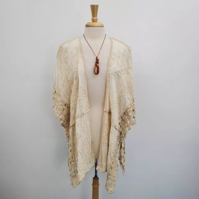 Chico's Womens Boho Floral Crochet Cardigan Kimono Size L/XL Cream Bohemian