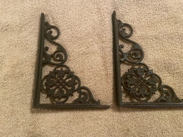 Pair Vintage Ornate Cast Iron Shelf Brackets, Aged Black Finish, Free S/H