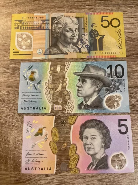3 Banknotes 5+10+50 Dollars Australian CIR. 5-10-50 Dollars Currency AUD Bills.