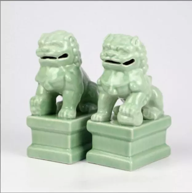 6" Green Glaze Porcelain Fengshui Evil Door Guard Fu Foo Dog Lion Statue Pair