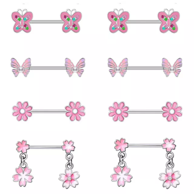1 Pair Pink Flower Stainless Steel Nipple Piercing Bra Body Shield Bar Jewelry