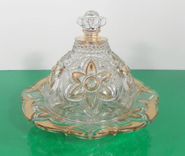 Antique 1897 EAPG Glass Butter Dish Dome Harvard Yard Tarentum gold