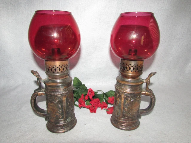 Set Brass Stein Shaped Candle Holders W Cranberry Shade Embossed German Figures