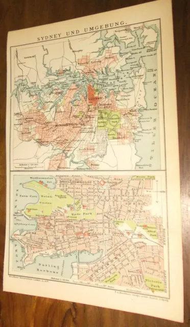 historischer Stadtplan/Stadtkarte 1898 " Sydney und Umgebung " original