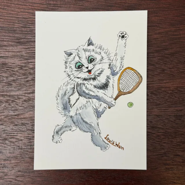 Louis Wain (after) Cat Playing Tennis - Original Watercolour Painting - Signed