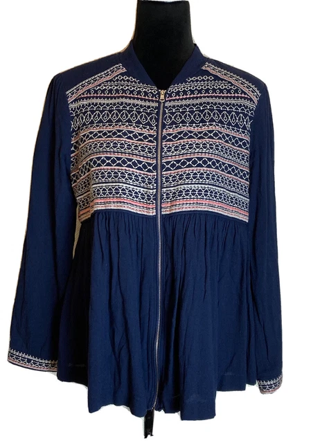 Octavia Embroidered Jacket Size M Full Zip Navy Lined Empire Waist Swing Top