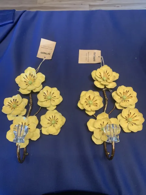 Bright Yellow Floral Metal Wall Hooks Crystal Style Knobs Pier 1 One Set of 2