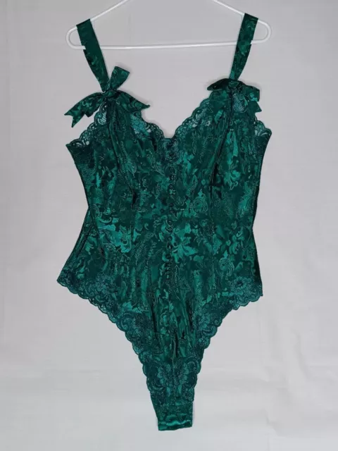 Victorias Secret Vintage 90s Gold Label Green Satin Lace Bows Teddy Bodysuit L