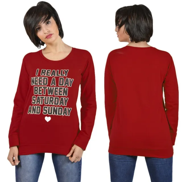 T-Shirt Donna con Stampa Maglia  Aderente Cotone Manica Lunga Maglietta Rossa da