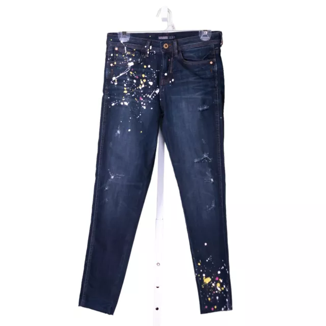 Zara Women's Denim Pants Blue Distressed Paint Splatter Low Rise Skinny Jeans 4