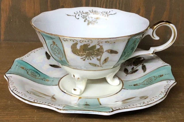 Ucagco China Cup and Saucer Set Floral Teal White with Gold Trim Vintage Japan