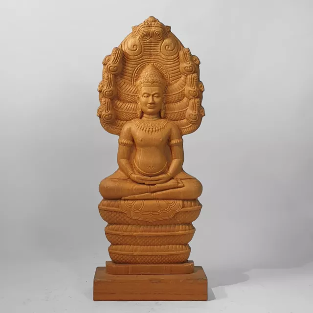 Vintage Khmer Style Wooden CNC Carved Angkor Wat Buddha Statue 14.5"