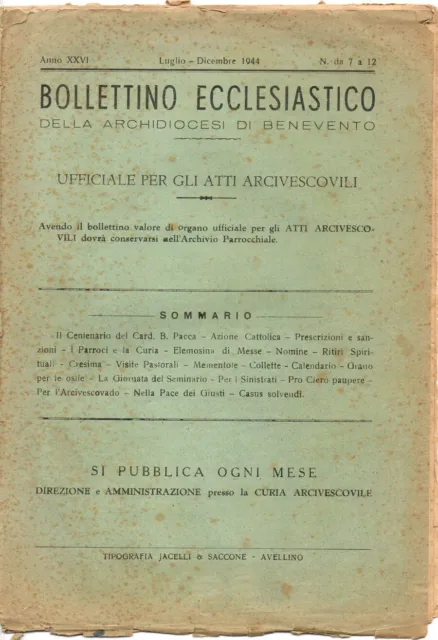 Bollettino Ecclesiastico della Archidiocesi di Benevento - Anno 1944. Ufficiale